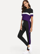 Color-block<b style="color:White;"><font size="1"> -</font></b>Tee<b style="color:White;"><font size="1"> -</font></b>& Drawstring Waist Pants Set