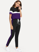 Color-block<b style="color:White;"><font size="1"> -</font></b>Tee<b style="color:White;"><font size="1"> -</font></b>& Drawstring Waist Pants Set