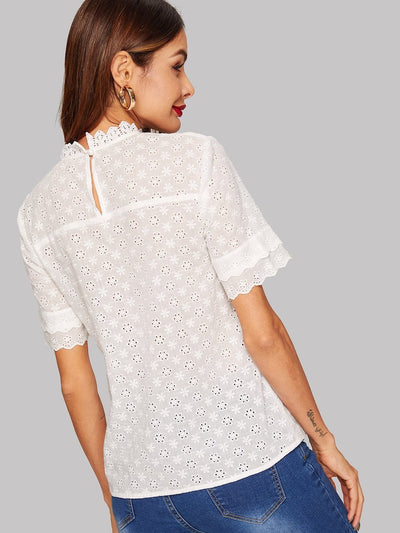 Schiffy<b style="color:White;"><font size="1"> -</font></b>Eyelet<b style="color:White;"><font size="1"> -</font></b>Scallop Mock Neck Top