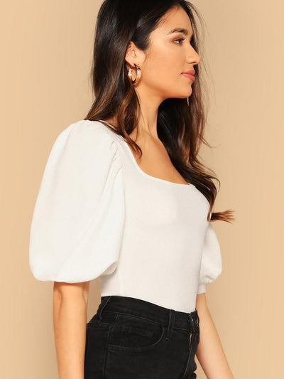 Neon<b style="color:White;"><font size="1"> -</font></b>Orange<b style="color:White;"><font size="1"> -</font></b>Square Neck Puff Sleeve Top