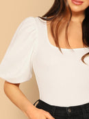 Neon<b style="color:White;"><font size="1"> -</font></b>Orange<b style="color:White;"><font size="1"> -</font></b>Square Neck Puff Sleeve Top