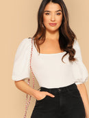 Neon<b style="color:White;"><font size="1"> -</font></b>Orange<b style="color:White;"><font size="1"> -</font></b>Square Neck Puff Sleeve Top