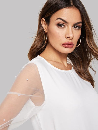 Pearl<b style="color:White;"><font size="1"> -</font></b>Beaded<b style="color:White;"><font size="1"> -</font></b>Sheer Mesh Sleeve Top