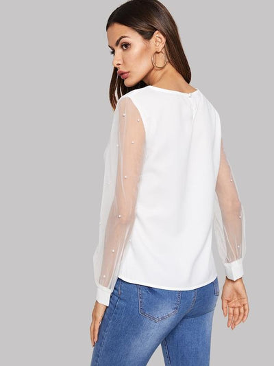 Pearl<b style="color:White;"><font size="1"> -</font></b>Beaded<b style="color:White;"><font size="1"> -</font></b>Sheer Mesh Sleeve Top