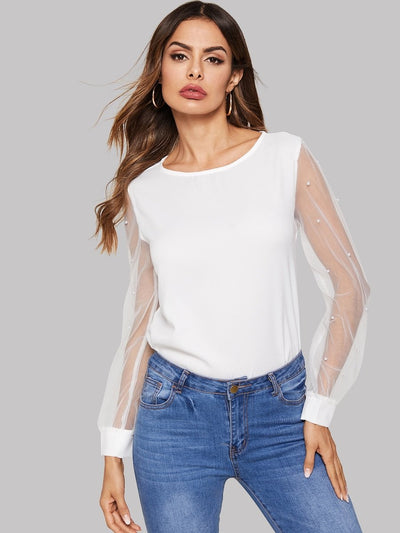 Pearl<b style="color:White;"><font size="1"> -</font></b>Beaded<b style="color:White;"><font size="1"> -</font></b>Sheer Mesh Sleeve Top