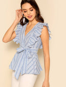 Ruffle<b style="color:White;"><font size="1"> -</font></b>Detail Belted Striped Top