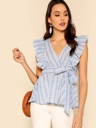 Ruffle<b style="color:White;"><font size="1"> -</font></b>Detail Belted Striped Top