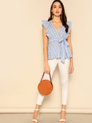 Ruffle<b style="color:White;"><font size="1"> -</font></b>Detail Belted Striped Top