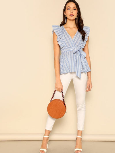 Ruffle<b style="color:White;"><font size="1"> -</font></b>Detail Belted Striped Top