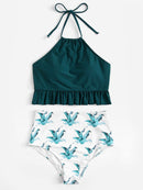 Ruffle Hem<b style="color:White;"><font size="1"> -</font></b>Top With Random Leaf Bikini Set