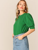 Keyhole<b style="color:White;"><font size="1"> -</font></b>Back<b style="color:White;"><font size="1"> -</font></b>Mock-neck Puff Sleeve Top