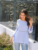 Open<b style="color:White;"><font size="1"> -</font></b>Stitch<b style="color:White;"><font size="1"> -</font></b>Tassel Trim Striped Smock Top