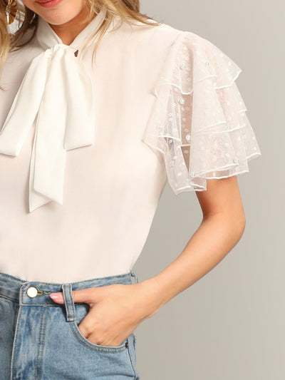 Beaded<b style="color:White;"><font size="1"> -</font></b>Layered Sleeve Tie Neck Top