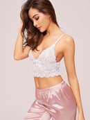 Scalloped<b style="color:White;"><font size="1"> -</font></b>Trim<b style="color:White;"><font size="1"> -</font></b>Lace<b style="color:White;"><font size="1"> -</font></b>Top & Satin Pants Pajama Set