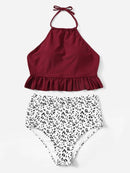 Ruffle Hem<b style="color:White;"><font size="1"> -</font></b>Top With Random Leaf Bikini Set