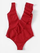 Double<b style="color:White;"><font size="1"> -</font></b>Plunge<b style="color:White;"><font size="1"> -</font></b>Ruffle Textured One Piece Swim