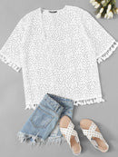 Tassel<b style="color:White;"><font size="1"> -</font></b>Hem Polka-dot Print Kimono