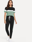 Color-block<b style="color:White;"><font size="1"> -</font></b>Tee<b style="color:White;"><font size="1"> -</font></b>& Drawstring Waist Pants Set