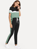 Color-block<b style="color:White;"><font size="1"> -</font></b>Tee<b style="color:White;"><font size="1"> -</font></b>& Drawstring Waist Pants Set