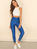 Button<b style="color:White;"><font size="1"> -</font></b>Front<b style="color:White;"><font size="1"> -</font></b>Neon Blue Crop Leggings