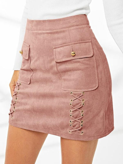 Lace<b style="color:White;"><font size="1"> -</font></b>Up<b style="color:White;"><font size="1"> -</font></b>Detail Flap Pocket Suede Skirt