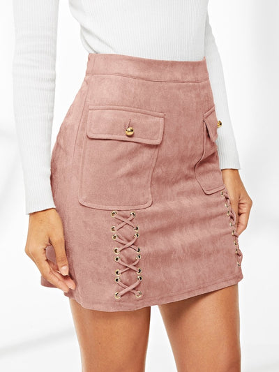 Lace<b style="color:White;"><font size="1"> -</font></b>Up<b style="color:White;"><font size="1"> -</font></b>Detail Flap Pocket Suede Skirt