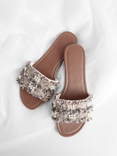 Faux<b style="color:White;"><font size="1"> -</font></b>Pearl<b style="color:White;"><font size="1"> -</font></b>Decor Tweed Flat Slippers