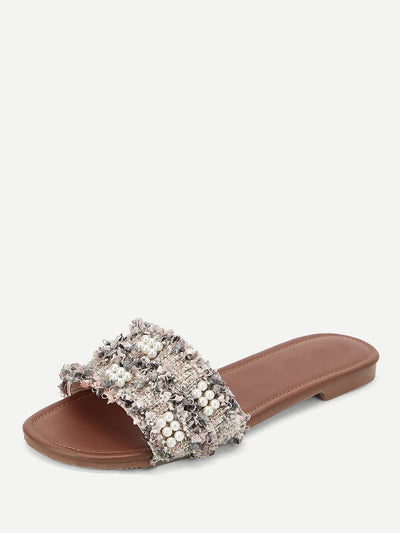 Faux<b style="color:White;"><font size="1"> -</font></b>Pearl<b style="color:White;"><font size="1"> -</font></b>Decor Tweed Flat Slippers