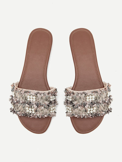 Faux<b style="color:White;"><font size="1"> -</font></b>Pearl<b style="color:White;"><font size="1"> -</font></b>Decor Tweed Flat Slippers