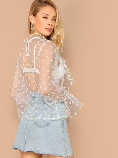 Sheer<b style="color:White;"><font size="1"> -</font></b>Dobby<b style="color:White;"><font size="1"> -</font></b>Mesh Ruffle Top Without Bra