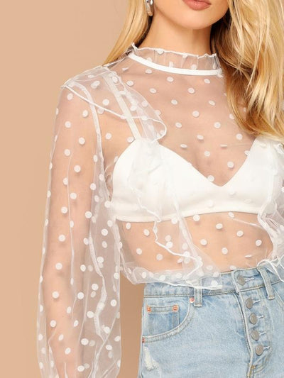 Sheer<b style="color:White;"><font size="1"> -</font></b>Dobby<b style="color:White;"><font size="1"> -</font></b>Mesh Ruffle Top Without Bra