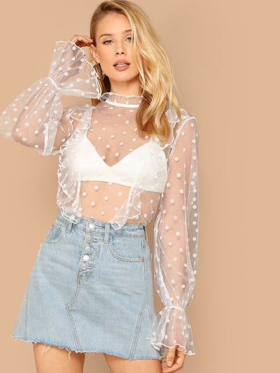 Sheer<b style="color:White;"><font size="1"> -</font></b>Dobby<b style="color:White;"><font size="1"> -</font></b>Mesh Ruffle Top Without Bra