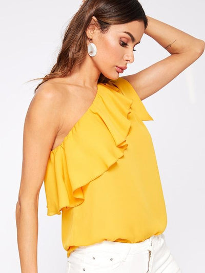 Asymmetrical<b style="color:White;"><font size="1"> -</font></b>Flounce<b style="color:White;"><font size="1"> -</font></b>Trim Knot One Shoulder Top