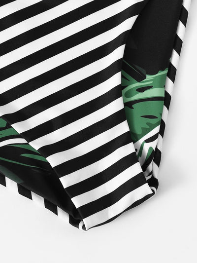 Random<b style="color:White;"><font size="1"> -</font></b>Leaf<b style="color:White;"><font size="1"> -</font></b>Lace-up<b style="color:White;"><font size="1"> -</font></b>Top With Striped Bikini Set