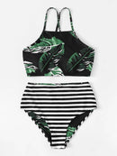 Random<b style="color:White;"><font size="1"> -</font></b>Leaf<b style="color:White;"><font size="1"> -</font></b>Lace-up<b style="color:White;"><font size="1"> -</font></b>Top With Striped Bikini Set