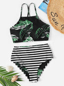 Random<b style="color:White;"><font size="1"> -</font></b>Leaf<b style="color:White;"><font size="1"> -</font></b>Lace-up<b style="color:White;"><font size="1"> -</font></b>Top With Striped Bikini Set