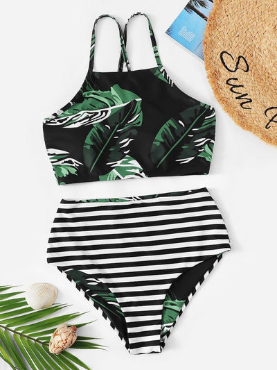 Random<b style="color:White;"><font size="1"> -</font></b>Leaf<b style="color:White;"><font size="1"> -</font></b>Lace-up<b style="color:White;"><font size="1"> -</font></b>Top With Striped Bikini Set
