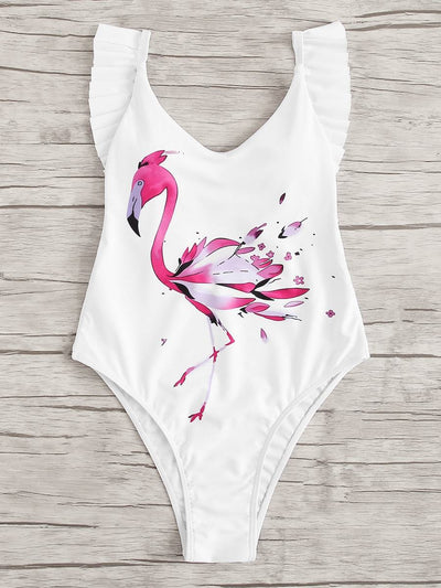 Flamingo<b style="color:White;"><font size="1"> -</font></b>Print<b style="color:White;"><font size="1"> -</font></b>Ruffle Backless One Piece Swim