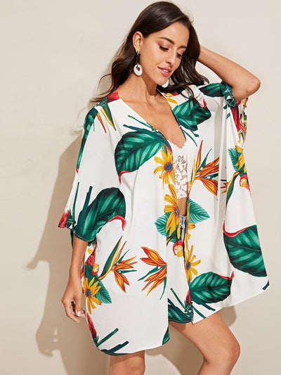 Floral<b style="color:White;"><font size="1"> -</font></b>Print Raglan Sleeve Kimono