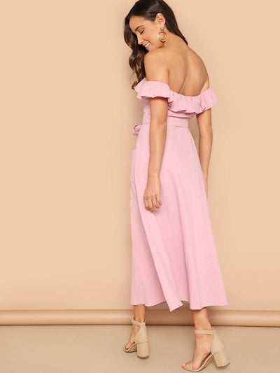 Flounce<b style="color:White;"><font size="1"> -</font></b>Foldover<b style="color:White;"><font size="1"> -</font></b>Off Shoulder Button Front Dress