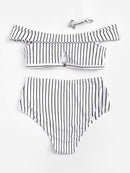 Striped<b style="color:White;"><font size="1"> -</font></b>Bardot<b style="color:White;"><font size="1"> -</font></b>Top With High Waist Bikini