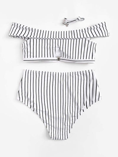 Striped<b style="color:White;"><font size="1"> -</font></b>Bardot<b style="color:White;"><font size="1"> -</font></b>Top With High Waist Bikini