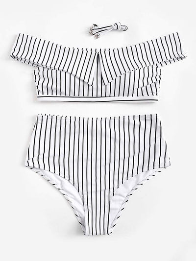 Striped<b style="color:White;"><font size="1"> -</font></b>Bardot<b style="color:White;"><font size="1"> -</font></b>Top With High Waist Bikini