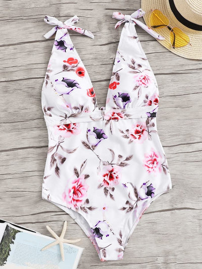 Floral<b style="color:White;"><font size="1"> -</font></b>Ruched<b style="color:White;"><font size="1"> -</font></b>Tie<b style="color:White;"><font size="1"> -</font></b>Shoulder Low Back One Piece Swim