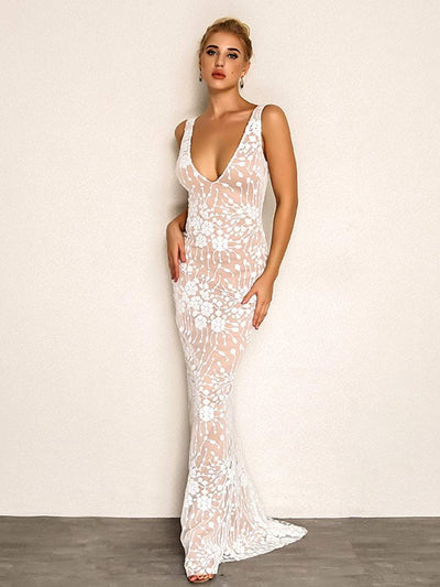 <b style="color:White;"><font size="1"> -</font></b>Cluster<b style="color:White;"><font size="1"> -</font></b>Sequin<b style="color:White;"><font size="1"> -</font></b>Mesh Overlay Plunge Maxi Dress