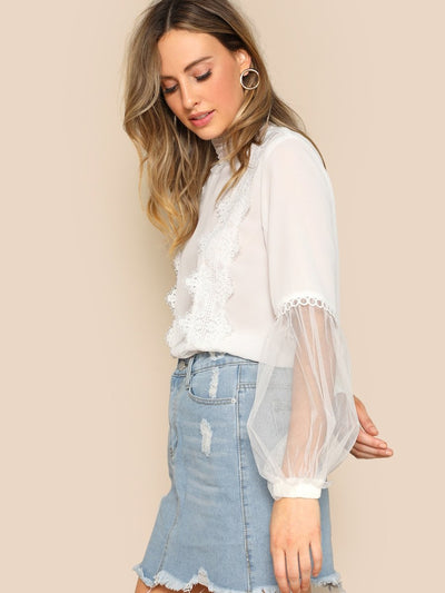 Lace<b style="color:White;"><font size="1"> -</font></b>Applique<b style="color:White;"><font size="1"> -</font></b>Mesh Lantern Sleeve Top