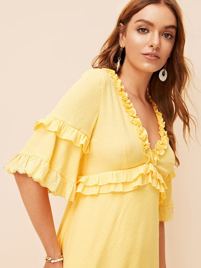 High<b style="color:White;"><font size="1"> -</font></b>Waist<b style="color:White;"><font size="1"> -</font></b>Bell Sleeve Frilled Dress