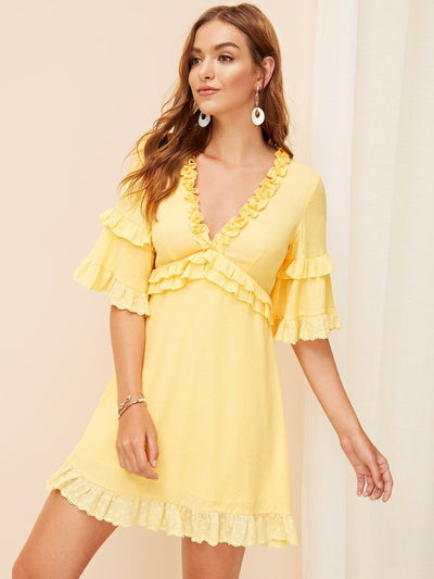 High<b style="color:White;"><font size="1"> -</font></b>Waist<b style="color:White;"><font size="1"> -</font></b>Bell Sleeve Frilled Dress