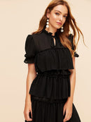 Tie<b style="color:White;"><font size="1"> -</font></b>Neck Ruffle Trim Layered Mesh Dress