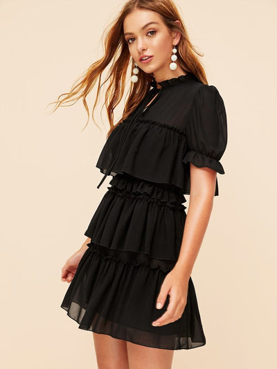 Tie<b style="color:White;"><font size="1"> -</font></b>Neck Ruffle Trim Layered Mesh Dress